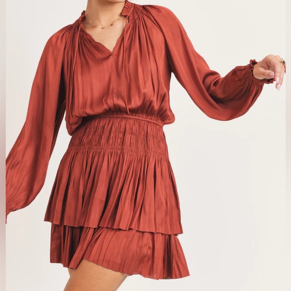 Reset by Jane pleated Lana dress rust shimmer daisy jones